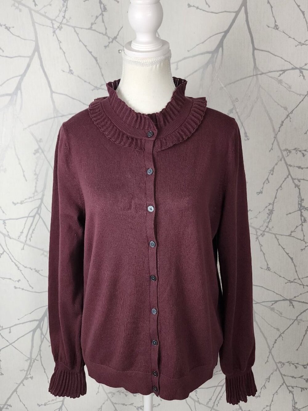 Boden Burgundy Cotton Wool Blend Knit Ruffle High Neck Cardigan